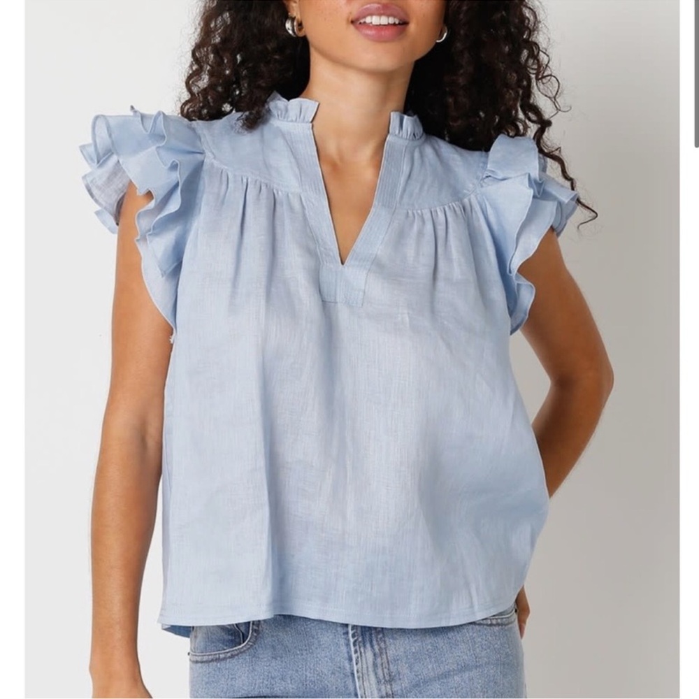 Effortlessly Chic Coastal Blue Ruffle Sleeve Linen Summer Top